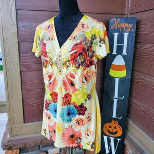 Laura Scott Stretchy Floral Boho Short Sleeve Cottony Tunic Top Size Small NWOT
